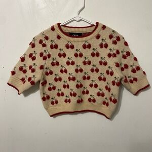 Cider Cherry Print Short Sleeve Knit Sweater Cream Red Cropped Crew Neck XS READ